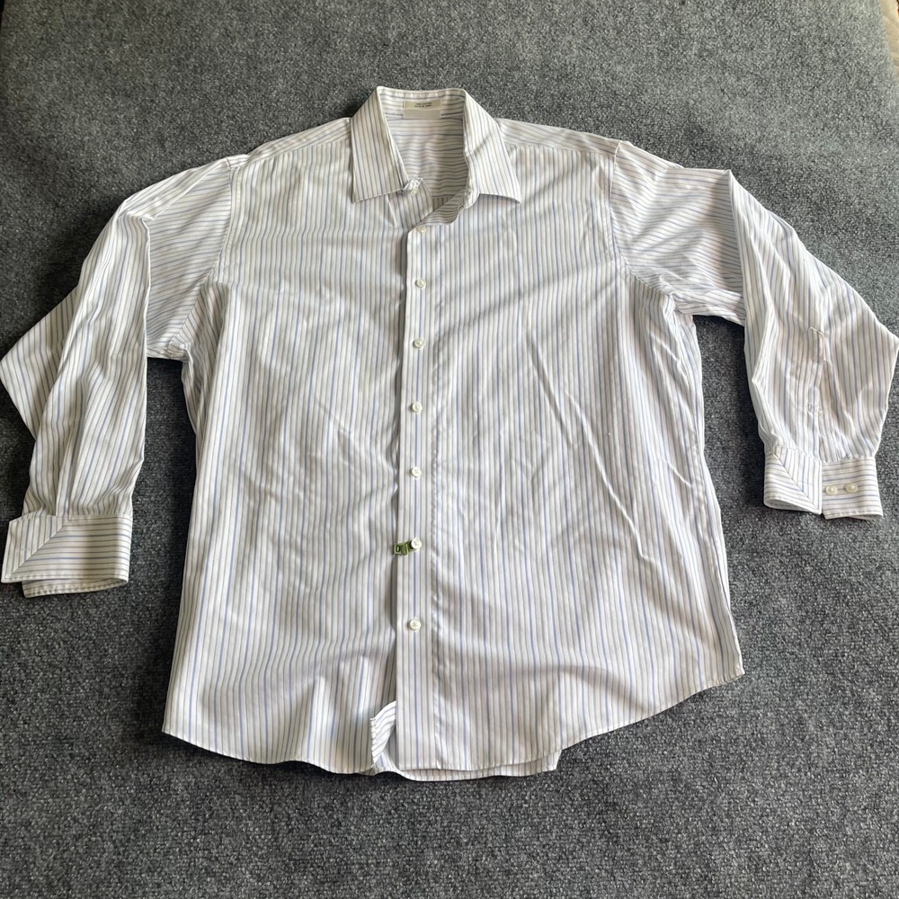 Kenneth Cole New York Mens 18 34/35 Non Iron Striped‎ Cotton Dress White Blue